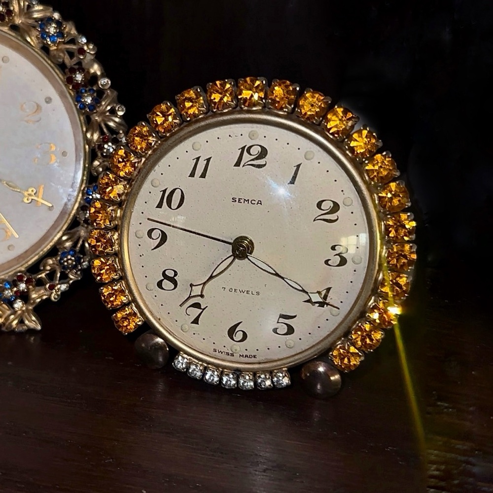 1900's Vintage Semca 7 Jewels Alarm Clock Swiss Yellow Gold Diamond Rhinestones